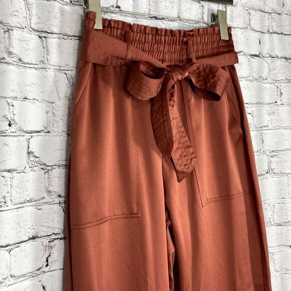 Abercrombie & Fitch Satin Paperbag High -Waist Tapered Pull -On Pants Rust M - Picture 4 of 9